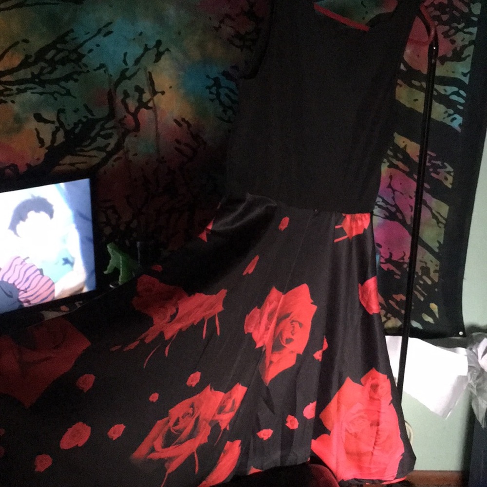 Black and red rose print skater dress